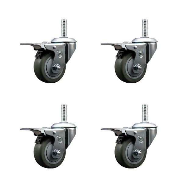 3 Inch Gray Polyurethane Swivel 58 Inch Threaded Stem Caster Set with Total Lock Brake